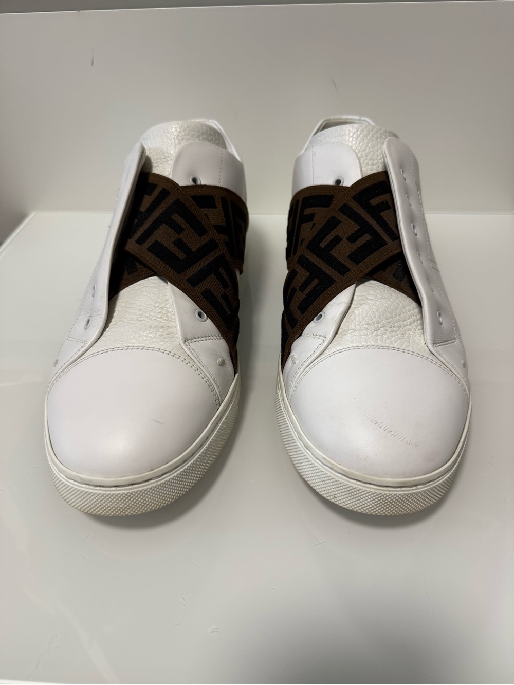 Fendi White Leather Slip-On Sneakers with FF Fendi Logo Cross Strap - Picture 4 of 17